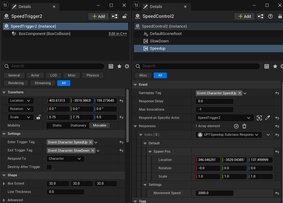A screenshot showing the same setup as Scripted Example 2, but this time an extra property has been added to the details panel of the speedup response, allowing us to specify a spawn position for the gold coins