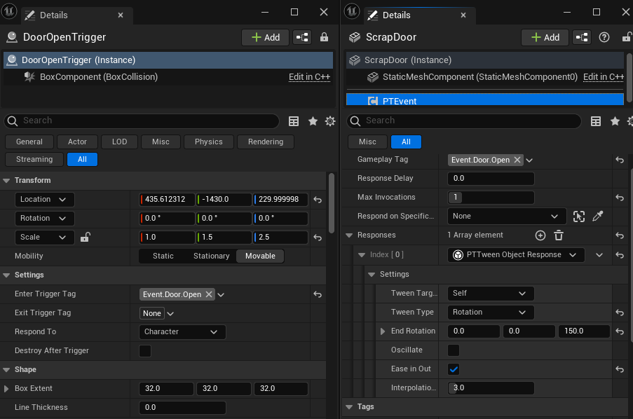 A screenshot showing the details panels of the trigger and door, set to respond with the above tag.