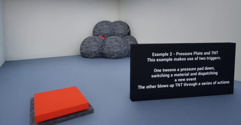A screenshot showcasing the second example containing rocks and TNT. A pressure plate and explanatory board are closer to the camera.