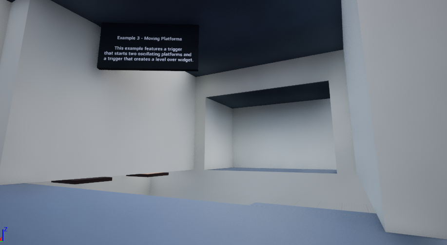 This showcases an example, where there is a deep pit, with two unactivated moving platforms in view. There is a hole on the other side that the player intends to reach