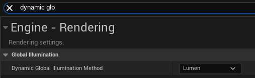 A screenshot showing an Unreal Engine project setting for Global Illumination. It is currently set to use Lumen
