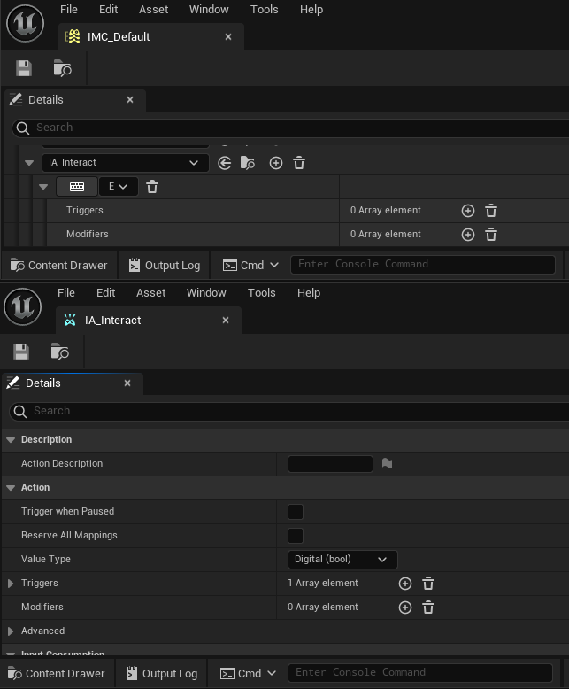 A screenshot showing the setup of the input mapping context allowing us to use the E key to interact