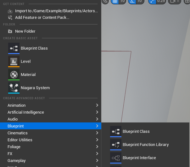 A screenshot showing the menu to create an interface in the content browser
