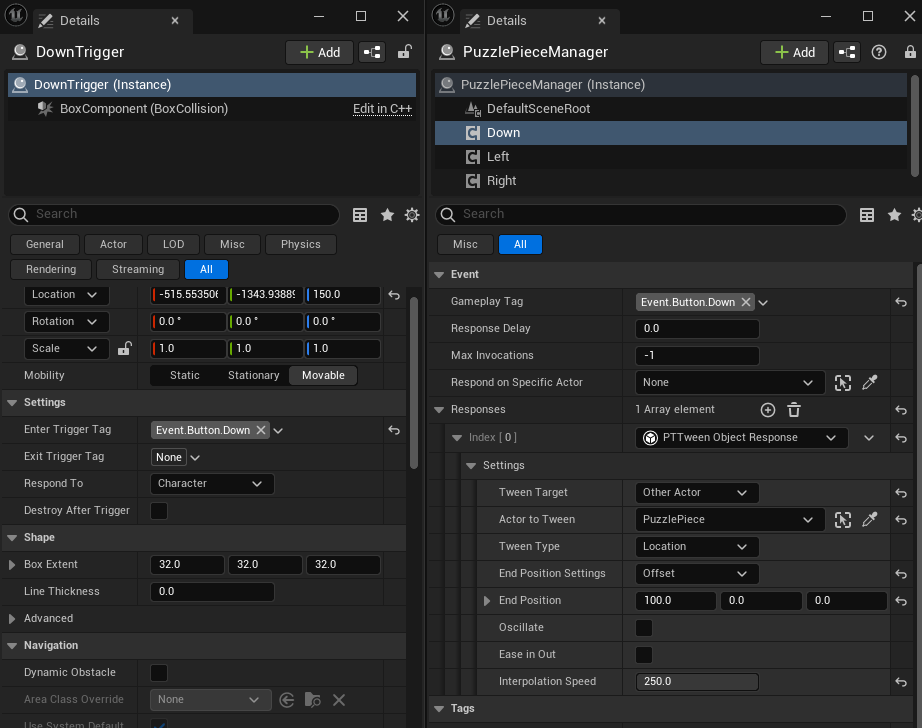 A screenshot showing the details panel of both one of the triggers and it's corresponding response, in this case representing the movement downwards