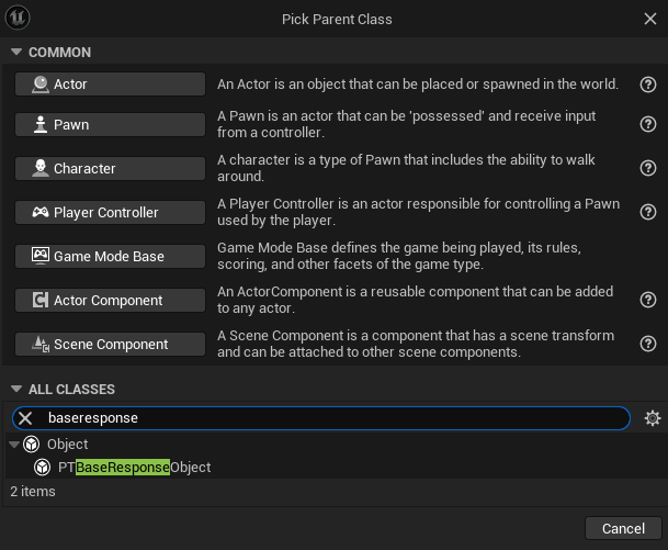 A screenshot showing the creation of a new Blueprint, inheriting from the Base Response Object
