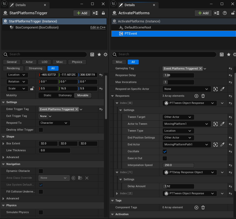 A screenshot showing how the trigger is setup to activate several moving platforms that span an empty void