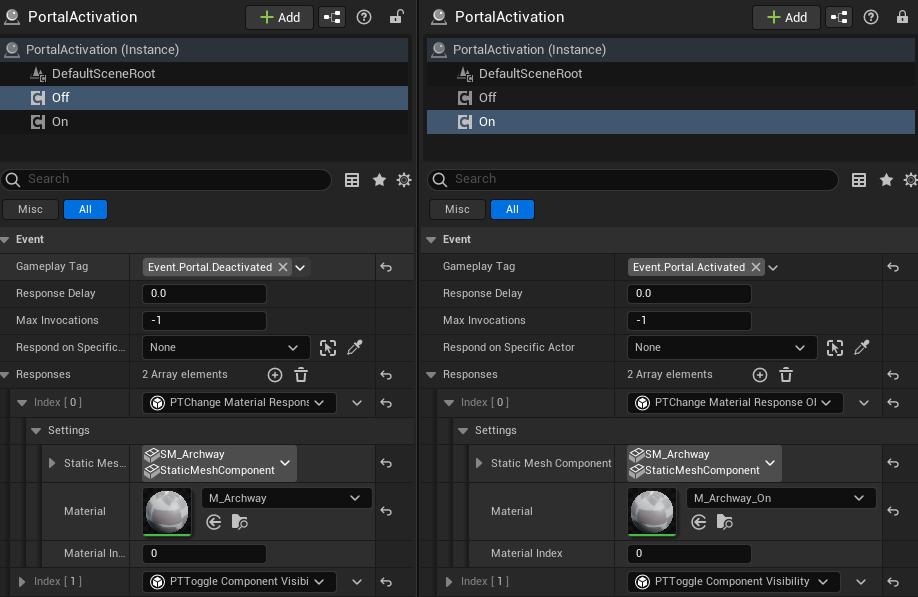 A screenshot showing the usage of 2 event components, set to respond to the pedestal button in front of the portal