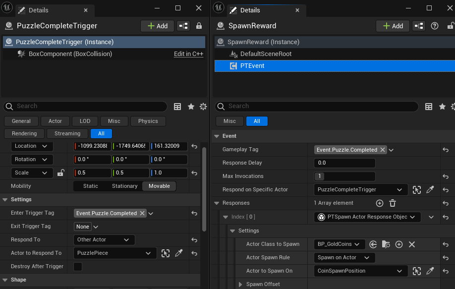 A screenshot showing the setup of the response that controls the spawning of the reward