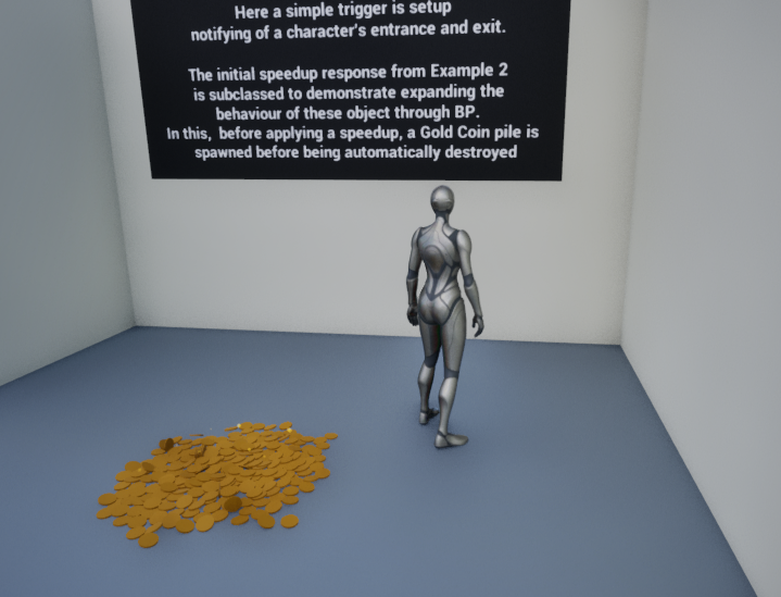 A screenshot showing the 4th example, with a pile of gold coins on the ground