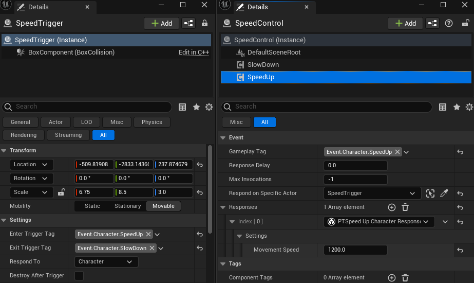 A screenshot showing the custom response being used to alter the player speed